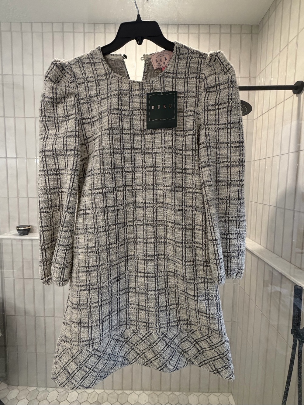 Tweed Dress Cream Plaid Long Sleeve Puff Shoulder Mini Dress